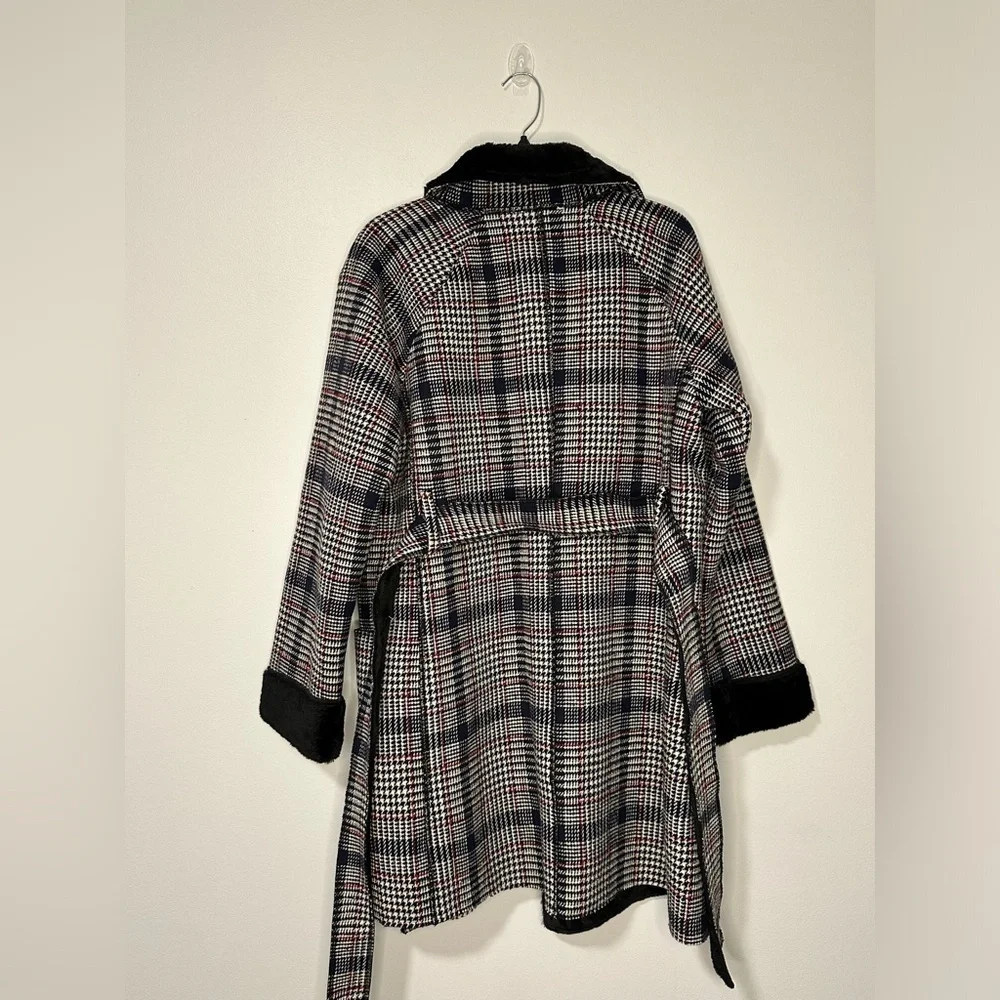 Solitaire Twill & Faux Fur Convertible Faux Sherpa Lined Pocket Jacket Belt Coat - Picture 7 of 7
